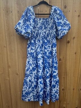 THML Anthropologie Blue and White Floral Puff Sleeve Midi Dress
